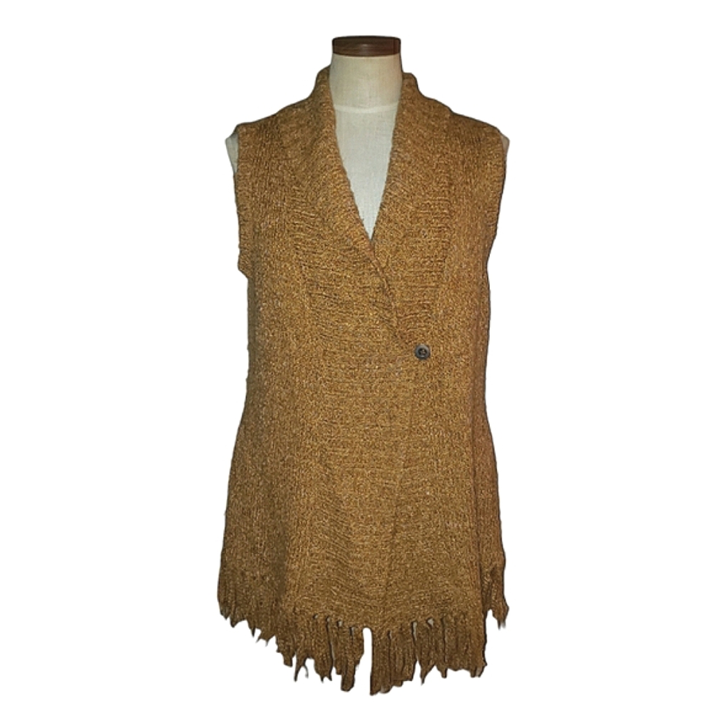 Anthropologie Knitted Fringe Hem Sleeveless Duster Vest Cardigan Golden Amber L